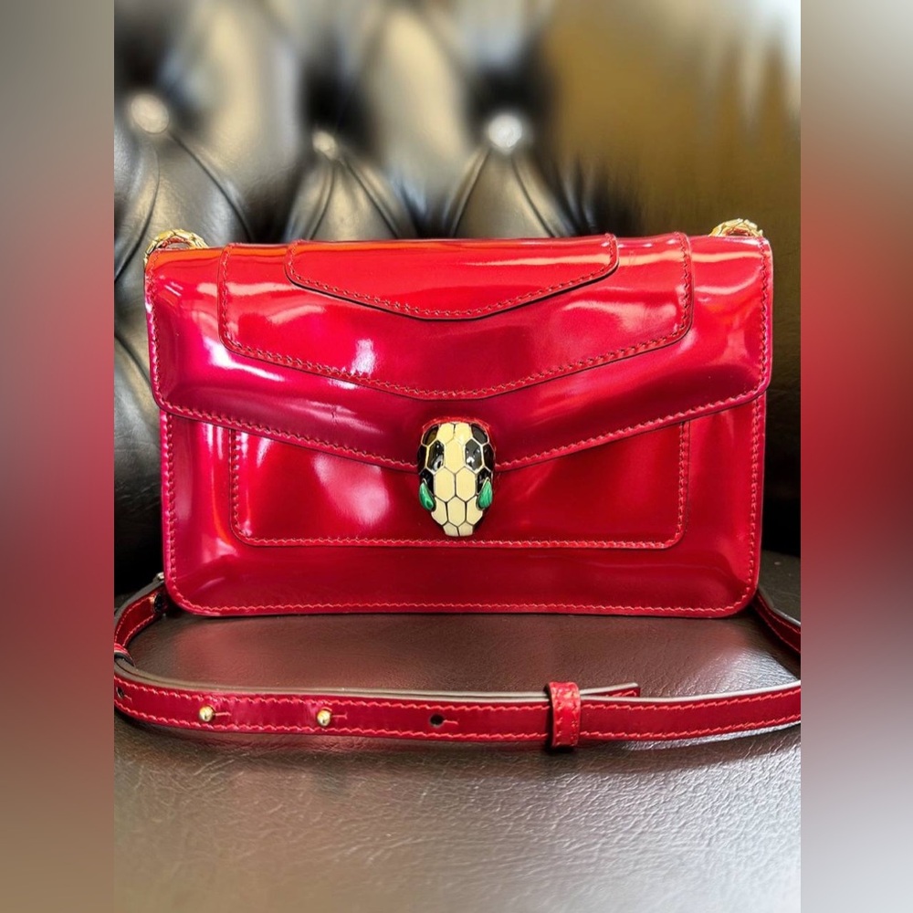 Bvlgari Serpenti Forever Square Crossbody Shoulder Bag Metallic Red Leather Smal